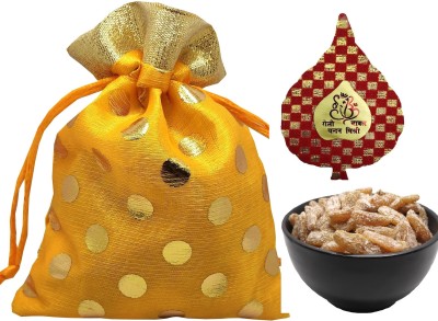 Popfusion Bhai Dooj Premium Paan Raisin Kishmish Potli Silk Thread Roli Chawal Chandan Assorted Gift Box(Gold)