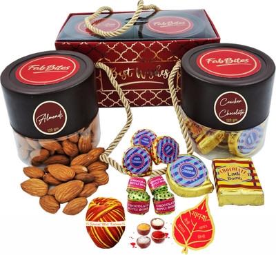 FabBites Bhai Dooj Gift for Brother and Bhabhi-Diwali Gift, Almond/Cracker Chocolate Gift Paper, Plastic Gift Box(Red)
