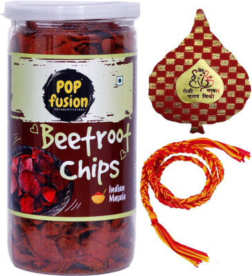 Popcorn Fusion Bhai Dooj Gift Healthy Beetroot Chips with Silk Thread, Roli, Chawal, Chandan Cotton Gift Box(Gold)