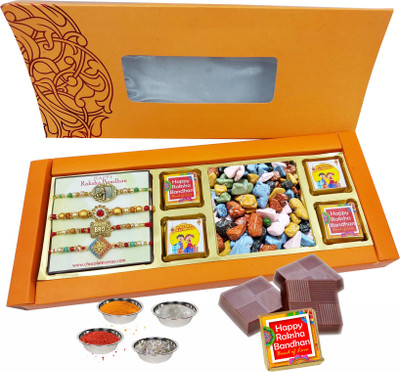 FabBites Rakhi for Bhaiya/Brother and KIds - 4 Rakhi Combo ,Stone and Handmade Chocolates Paper Gift Box(Orange)