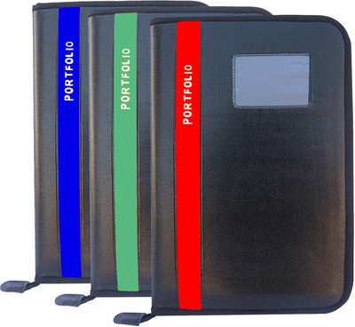 Kopila PU Leather 20 Leefs Office Document,certificate,Confrence,Zipper File Folder(Set Of 3, Blue & Green & Red)