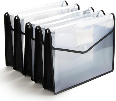 CAMPIO Poly-Plastic Envelope Folder Transparent A4/Foolscap Documents File Storage Bag with Button(Set Of 5, Transparent, Black)