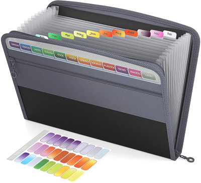 STORITE Polyester 13 Pocket File Folder with Sticky Labels Document Organizer with Zipper Closure(Set Of 1, Grey)