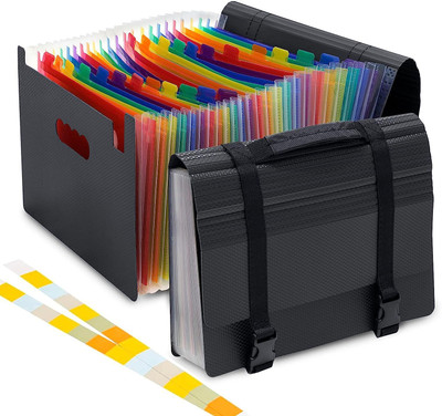 STORITE High Quality Polypropylene and Polyester 24 Pockets Expanding File Folder A4/Letter Size Document Organizer with Handle(Set Of 1, Black)
