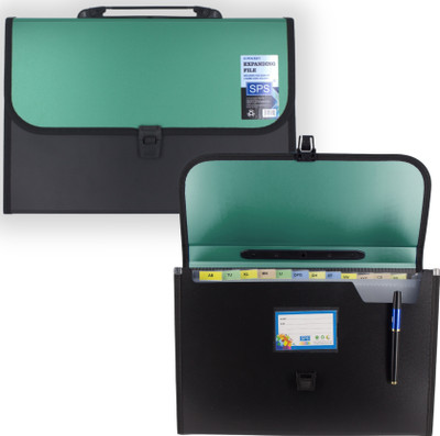 Skrill Plastic 13 Pockets Expanding File Folder for Documents, Certificates, A4/Foolscap/Legal Size File Organizer with Carry Handle(Set Of 1, Green, Black)