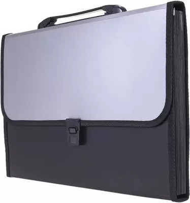 KP2 Expanding Plastic File Folder 13 Pockets for Documents, Certificates, Letter A4 Size File Organizer with Carry Handle(Set Of 1, Black, Silver)