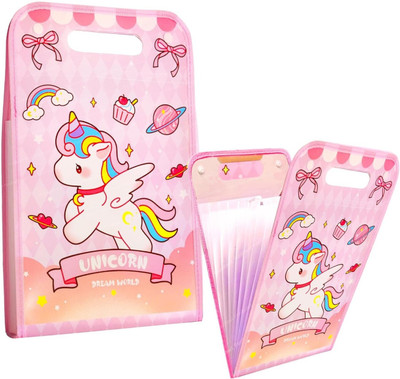 radhey preet Plastic & Polyester Hanging & Portable A4 Size Vertical File Folder in Unicorn Dream World Print With 12 Pockets, RP1414(Set Of 1, Pink)