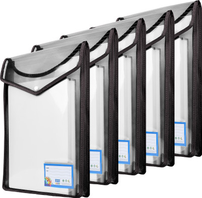 Skrill Plastic A4/Foolscap Documents Vertical File Storage Bag with Snap Button Vertical Vertical File Folder, Transparent Poly-Plastic(Set Of 5, Black)