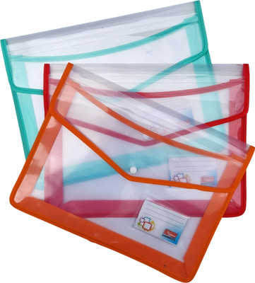 OFFICEFOLDER PLASTIC Transparent A4 Documents File Storage Bag with Snap Button /Certificate File Holder(Set Of 3, Multicolor)