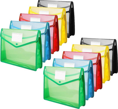 CAMPIO Polypropylene (PP) Transparent Envelope Folder Poly-Plastic A4 Documents File Bag with Snap Button(Set Of 10, Multicolor)