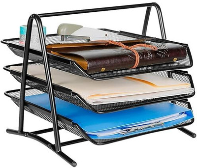 SkyFurnish Metal Mesh (Powder-Coated Steel) Premium Metal Mesh 3 Tier File Holder | Multi-Layer Document Organizer Rack for Office & Home Use(Set Of 1, Black)