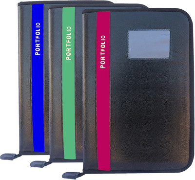 Kopila PU Leather 20 Leefs Office Document,certificate,Confrence,Zipper File Folder(Set Of 3, Blue & Green & Pink)