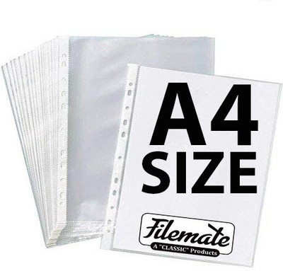 FileMate A4 size Sheet Protector(Pack of 50 pcs) (150 micron)(Size: 12 X 9.25 inch) / Document Sleeves(Set Of 50, White and Transparent)