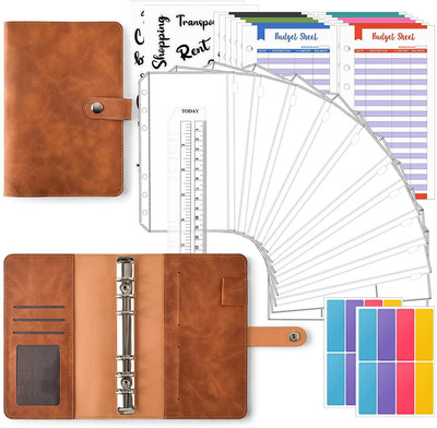 HASTHIP File Folders for Documents Ring Binder Notebook Set, A6 PU Leather File Folder 12 Envelopes, 12 Budget Sheets, 2 Label Stickers, 1 Ruler(Set Of 12, Brown)