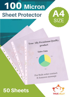 True-Ally A4 Size Pack of 50 Sheets 100 micron Sheet Protectors 11 Holes Punched(Set Of 1, Transparent)