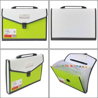 Greeshma Polypropylene 13 Pockets Plastic Expanding File Folder Documents Large Size A4/FC Letter Paper Holder with Carry Handle(Set Of 1, Green)