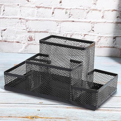 FEDWorld Metal Metal Mesh Desk Organizer with 4 Different Compartment, Metal Organizer Stationary Storage Stand(Set Of 1, Black)