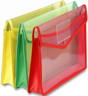 GPN PRINT Plastic Envelope Folder Transparent Poly-Plastic A4 Documents File Storage Bag with Snap Button Certificate(Set Of 3, Yellow, Green, Red)