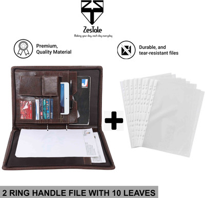 ZesTale Premium Leatherette 2- Ring Handle Document File Folder/ Certificate Holder(With 10 Leaves)(Set Of 1, Dark Brown)