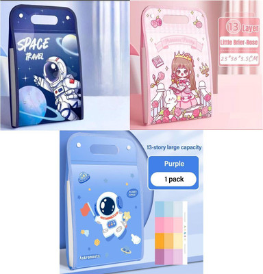 Sanchi Creation Plastic Matte Shell Space & Princess Theme Kids & Adults A4 File Folder With Button Lock & Handle, 13 Slots, Pack of 3 Folders(Set Of 3, Multicolor)