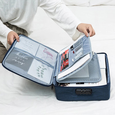Grilazza Zipper Travel Document File Organizer Multiple Folder Bag with Safety Code Lock Travel Organizer(Set Of 1, Navy Blue)