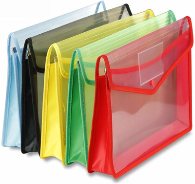 DREAM CHOICE Plastic Transparent Poly-Plastic A4 Documents File Storage Bag With Snap Button Set of 5(Set Of 5, Multicolor)