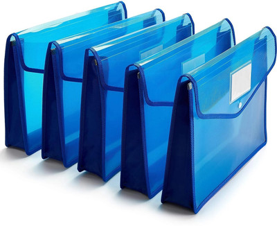 HCS PLASTIC TRANSPARENT POLY-PLASTIC A4 STORAGE Documents Bag with Snap Button(Set Of 5, Blue)
