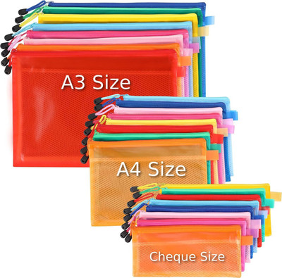 JSMSH Plastic Combo of A3, A4 and Cheque Size Zipper Pouch for Stationery(Set Of 15, Multicolor)