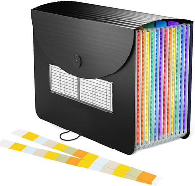 STORITE Polypropylene (PP) Plastic 12 Pockets Expanding File Folder with Labels for Home Office School Supplies (33 * 24cm)(Set Of 1, Black)