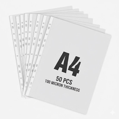 Shivom Polypropylene 50-Piece Transparent Waterproof 400 Micron Sheet Protector Files with 11 Punched Ring Holes, A4 Size(Set Of 50, TRANSPARENT)