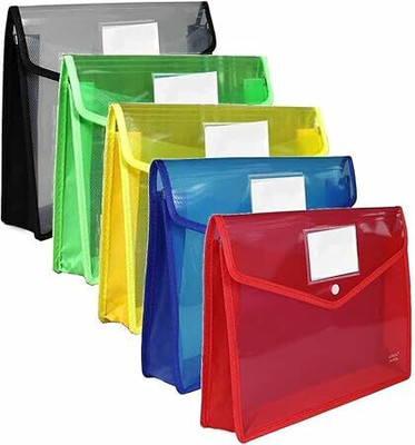 GPN PRINT Plastic A4 Plastic File Folder Poly Envelope Expanding File Wallet Document Organizer with Snap Closure & Label Pocket(Set Of 5, Black, Red, Purple, Yellow, Green)