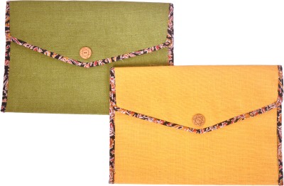 Daffodil Jute Kalamkari Print Premium Cloth Document Holder with Velcro Closure(Set Of 2, Olive Green, Yellow)