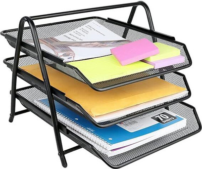 SkyFurnish Metal Mesh (Powder-Coated Steel) 3 Tier Durable Metal Mesh File Organizer | Professional Multi-Layer Document Tray for Office, School & Home(Set Of 1, Black)