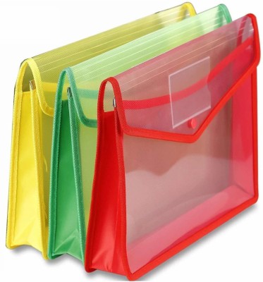 KIO CREATIONS KIO CREATIONS Plastic A4 Envelopes Document Folder Poly Envelope with Snap Button and Pocket File Wallet Waterproof File Storage Bag(Set Of 3, Red, Green, Yellow)