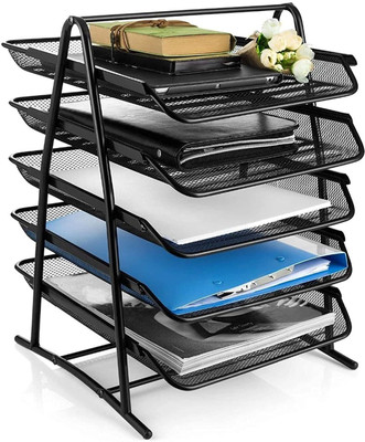 Wishbone 1 Compartments Metal 5 Tier Mesh Metal Desk Organiser File Rack Letter Tray(Black)
