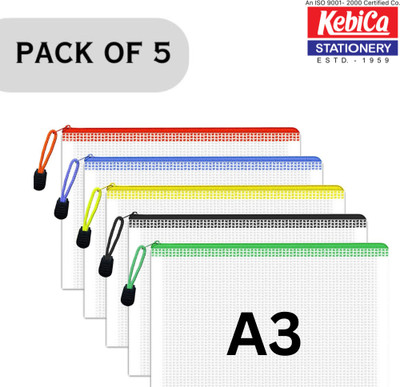Kebica Multipurpose Waterproof Zipper Pouches Document Holder/Pen Pencil A3 ZIPPER DOUCMENT BAG(Set Of 5, Multicolor)