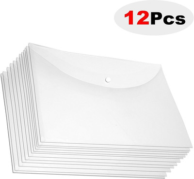 vavia Polypropylene 12 Pcs A4 Document Envelope Folder, Clear Transparent Thick Pp Storage Bags,Snap Button Organizer for Office Stationery(Set Of 12, Transparent)
