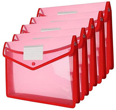 Shivom SHIVOM VIRGIN PLASTIC TRANSPARENT POLY-PLASTIC A4 STORAGE Documents Bag with Snap Button(Set Of 5, Red)