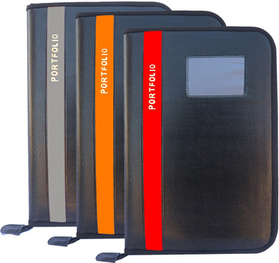 Kopila PU Leather 20 Leefs Office Document,certificate,Confrence,Zipper File Folder(Set Of 3, Grey & Orange & Red)