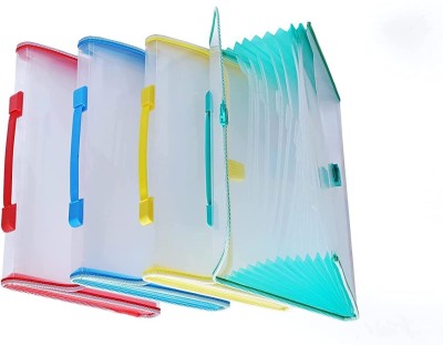ASV Plastic Transparent Expanding File Folder, Accordion Document/Letter A4 Size File Organizer with Handle and 13 Pockets(Set Of 4, Multicolor)