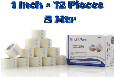 BRIGHTPORE MICROPOROUS SURGICAL PAPERTAPE 1inch × 5mtr First Aid Tape(Pack of 12)