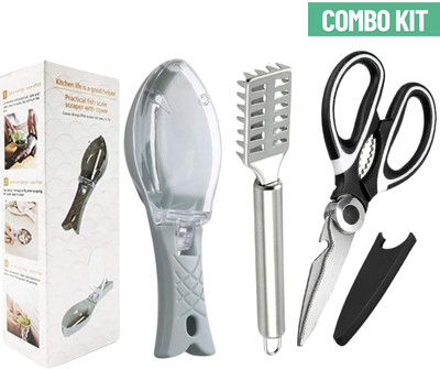 E street 3-in-1 Fish Cleaning Tools Combo | Plastic& Steel Fish Scale Remover & Scissor Fish Scaler(Pack of 3)