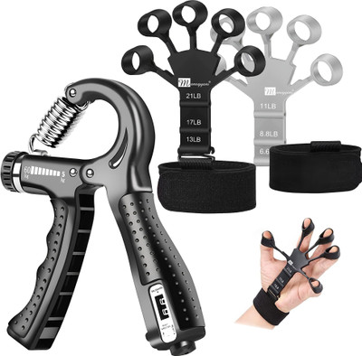 Manogyam Combo Pack of Counter Hand Grip Strengthener & 2pc Finger Trainer Hand Workout Hand Grip/Fitness Grip(Black, Grey)