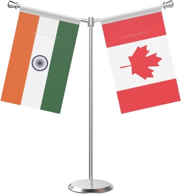 The Flag Company Y Shaped India Canada Table Flag with Stainless Steel Base and Pole Rectangle Table Miniature Flag(Polyester)