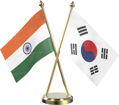 The Flag Company India and South Korea Table Flag With Brass Base And Brass Pole Rectangle Table Miniature Flag(Polyester, Pack of 1)
