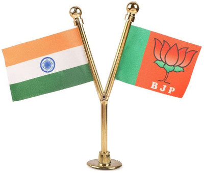 The Flag Shop India & BJP Miniature Car Dashboard Flags with A Y-Staff & Nano Base (Gold) Rectangle Car Dashboard Flag(Polyester)