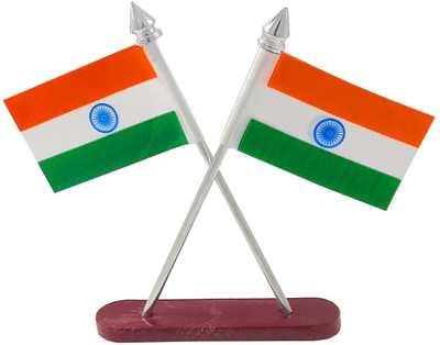 KIING Indian Flag for Car Dashboard in cross design silver Double Sided Wind Car Dashboard Flag(Polyester)