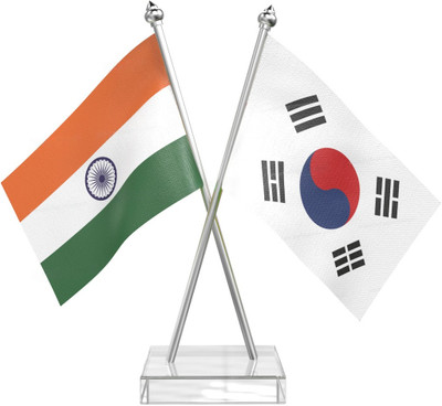 The Flag Company India & South Korea Table Flag With SS pole & transparent acrylic base Rectangle Table Miniature Flag(Polyester, Pack of 1)