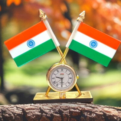 himansh expo Indian Flag with Quartz Watch Car Dashboard, Flag Office Table, Study Table Rectangle Car Dashboard Flag(Plastic, Metal)