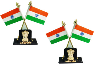 RONAK (Pack of 2 ) Double Sided Indian Flag Cross Design Dashboard showpiece Stand Double Sided Wind Car Dashboard Flag(Metal, Pack of 2)